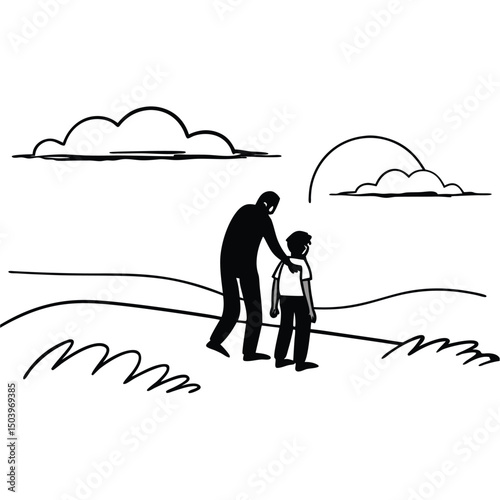 Father comforting son minimalist outline illustration outdoors with clouds and hills