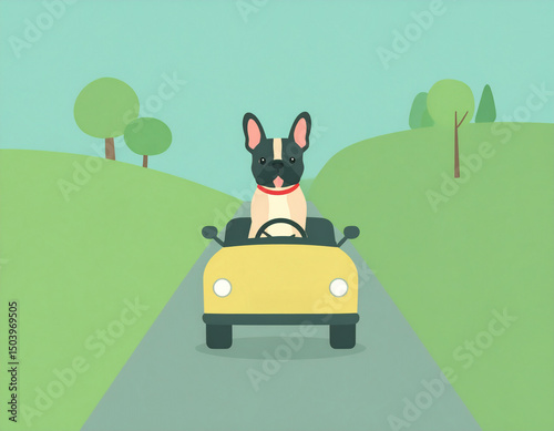 French bulldog driving a small vintage car through a scenic countryside road