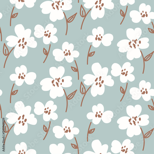 Seamless pattern with cute daisy flowers. White floral field modern minimalist print. Abstract floral motif. Hand drawn flowers in naive style. Abstract buds pastel blue color