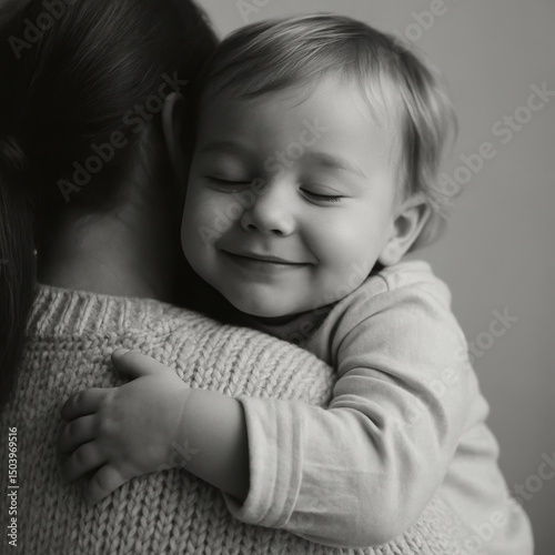 Content young child embracing female caregiver in tender black-and-white portrait