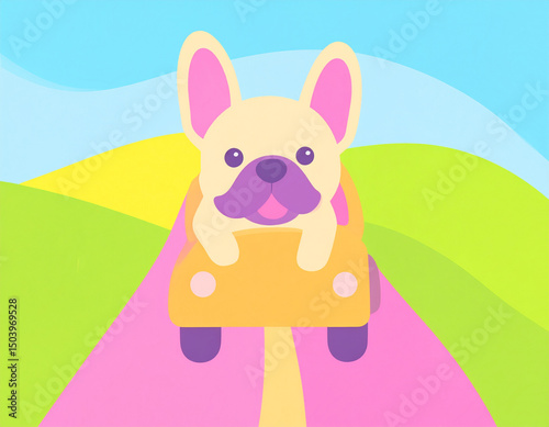 French bulldog driving a small vintage car through a scenic countryside road