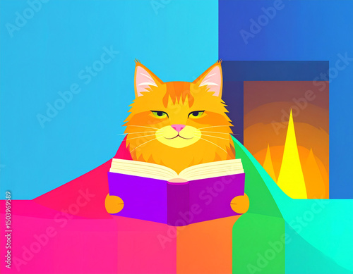A Maine coon cat wrapped in a blanket reading a book