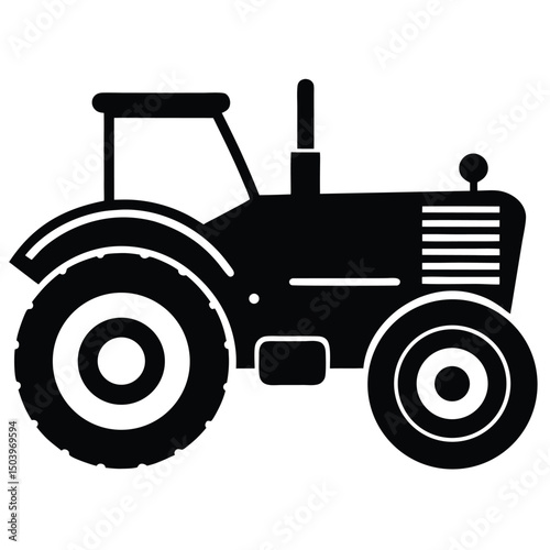Agricultural Tractor Icon Black and White Farm Vehicle Illustration, Rural Equipment Silhouette