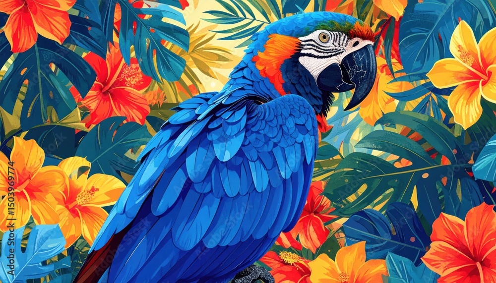 Obraz premium Vibrant blue parrot sits amongst colorful hibiscus flowers in a jungle scene.
