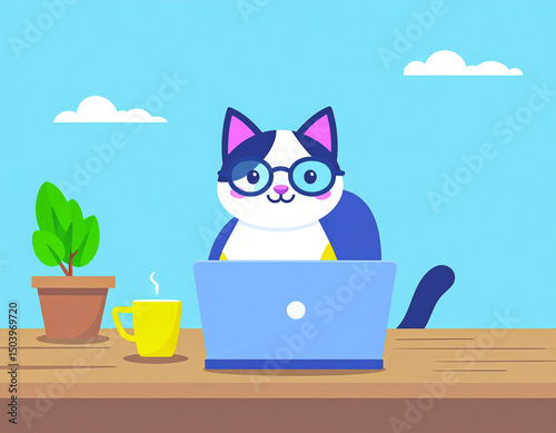 A cat wearing reading glasses, sitting at a wooden desk with a laptop and a cup
