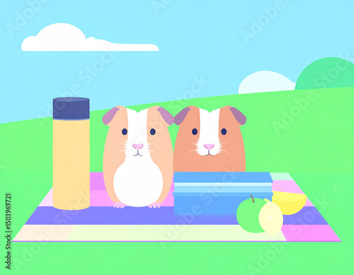 Two guinea pigs sitting on a picnic blanket in a park