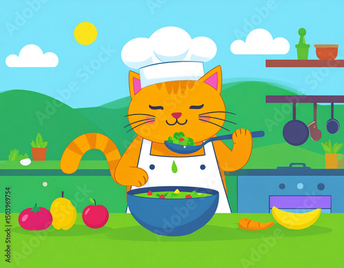 A chubby cat in chef whites tasting soup 