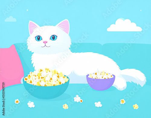 A fluffy white cat lounging on a couch watching TV