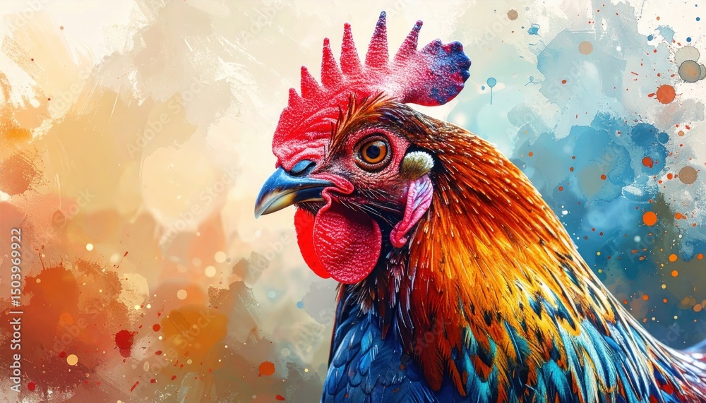 Fototapeta premium A colorful rooster with vibrant feathers stands out against a painterly backdrop.