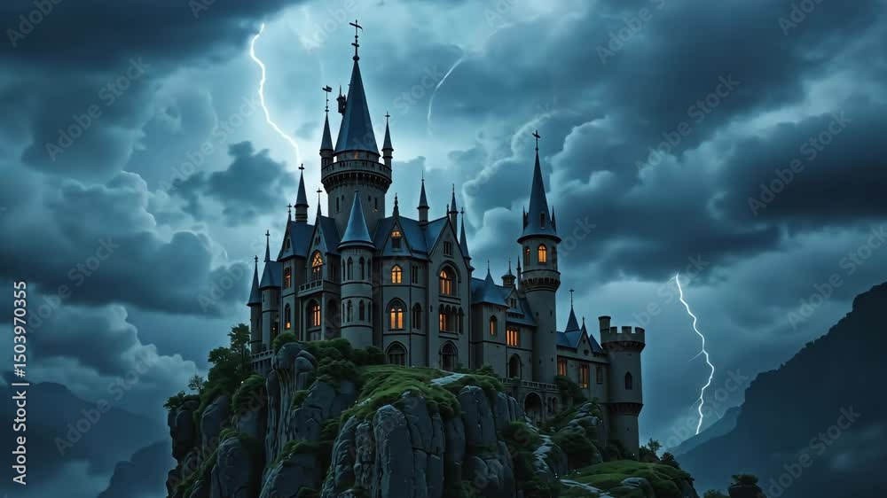 Dark gothic castle with pointed towers under stormy clouds and lightning, surrounded by misty forest. Concept of eerie fantasy realm