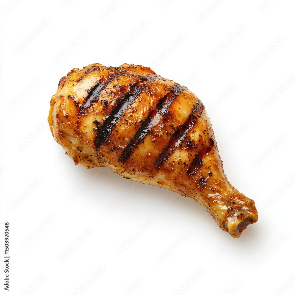 Single grilled chicken drumstick, golden-brown, with visible grill marks, isolated on white background