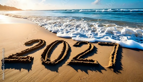 new year 2027 on beach and 2027 written in the sand on a sunny beach