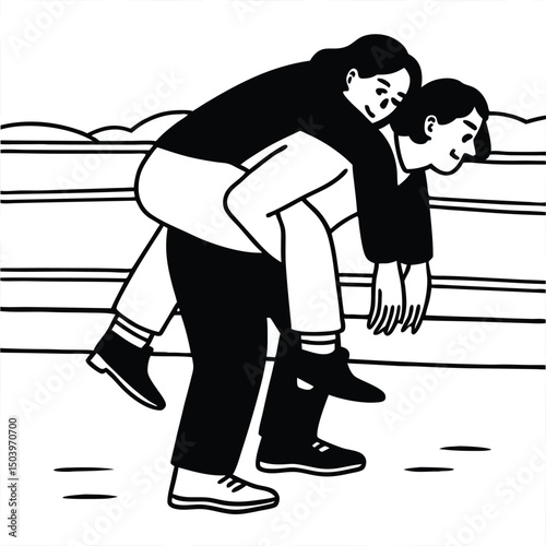 Monochrome illustration of a woman giving another woman a piggyback ride