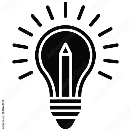 Black Lightbulb with Pencil Inside and Rays Emanating from Its Top on White