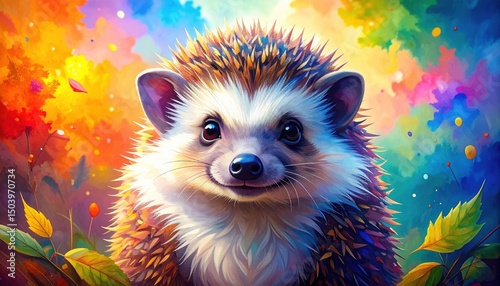 A cute hedgehog smiles sweetly against a vivid backdrop of colorful art.