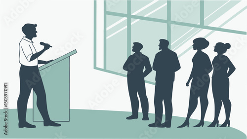 Public speaking silhouette at conference with audience in modern venue illustration