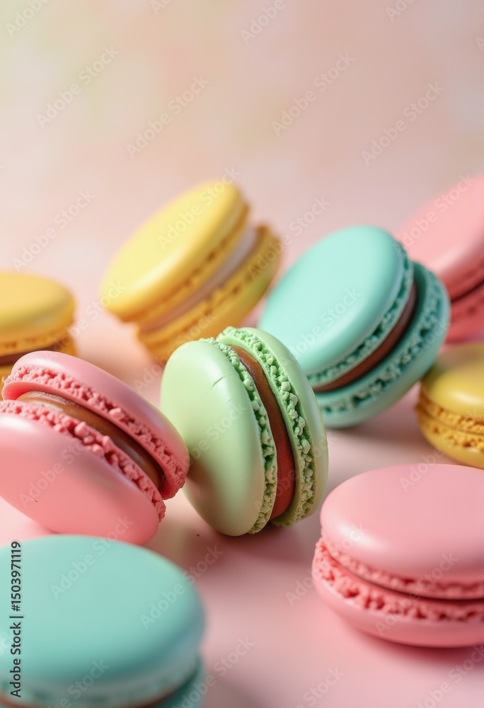 Obraz premium colorful macarons arrangement textured background sweet pastry treat delicacies vibrant dessert collection gourmet confectionery, chef, sugar, delicate