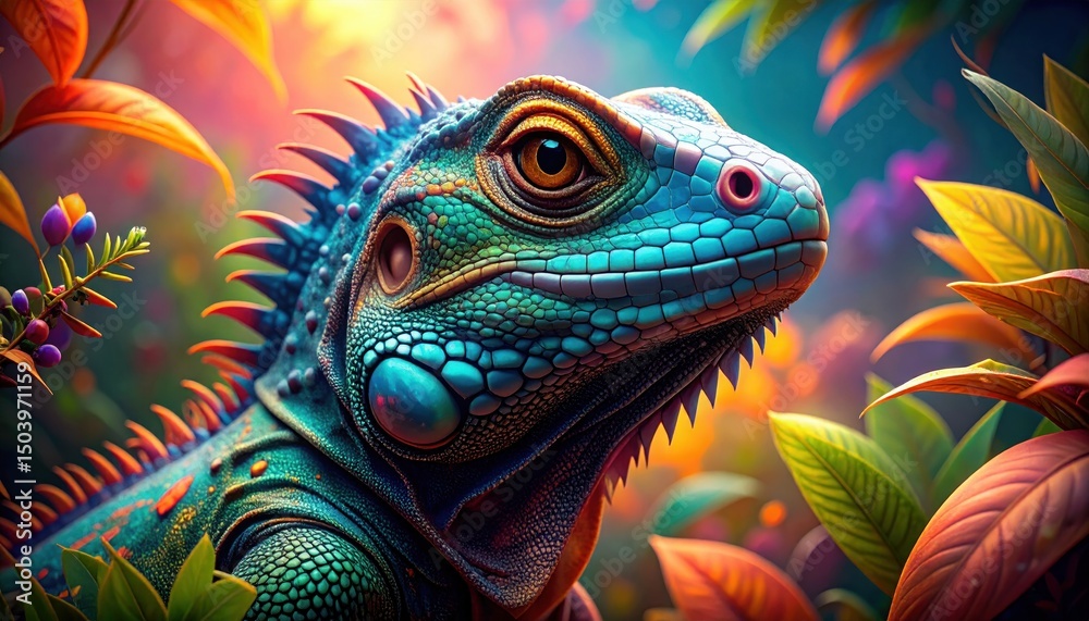 Obraz premium A brightly colored iguana looks to the right surrounded by jungle plants.