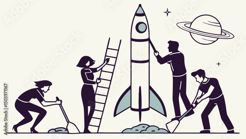 Team collaboration launching rocket to space startup with planet illustration
