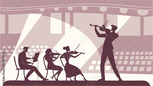Silhouette orchestra performing on stage with violinists under spotlights in concert hall
