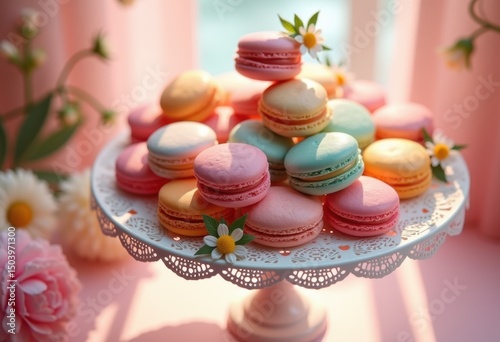 colorful macarons elegant dessert stand display sweet treats gourmet delights, food, celebration, pastry, indulgence, flavor, textures, delicious, baking photo