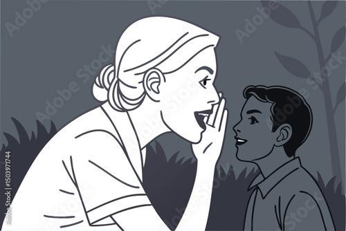 Woman whispering secret to boy nostalgic monochrome illustration in garden setting