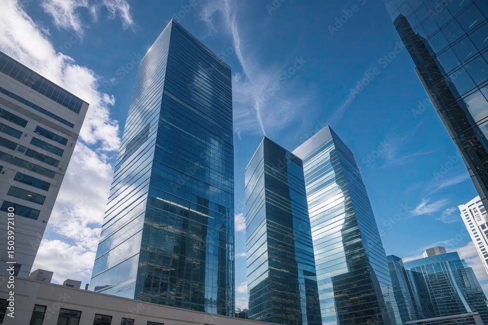 Sleek Office Skyscrapers with Shiny Glass Beneath a Bright Blue Sky Sleek Office Skyscrapers with Shiny Glass Beneath a Bright Blue Sky
