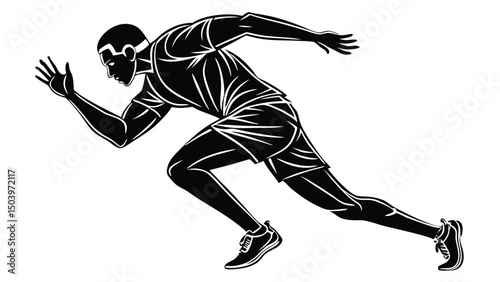Black and white vector illustration of a man sprinting in running gear