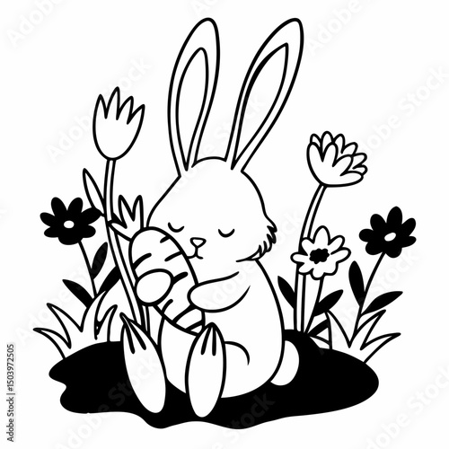 Bunny holding carrot surrounded by spring flowers gently