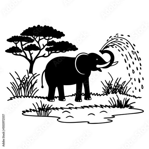 Elephant spraying water from trunk in playful arc