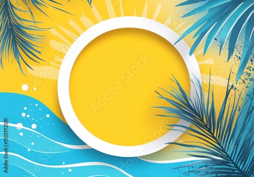 summer special sale banner with beach and palm leaves
