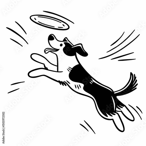 Dog catching frisbee mid-air with joyful motion lines