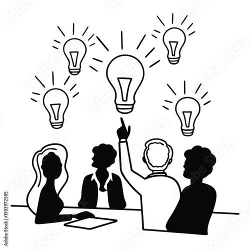 Business meeting with ideas concept brainstorming session with lightbulbs doodle style