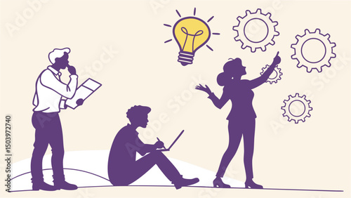 Business team collaboration with lightbulb idea and gear symbols for project development