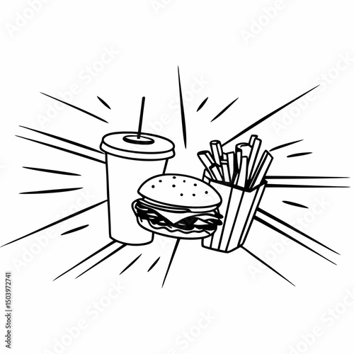 Fast food combo meal surrounded by motion lines