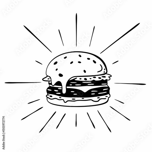Burger with dripping cheese and spark lines around