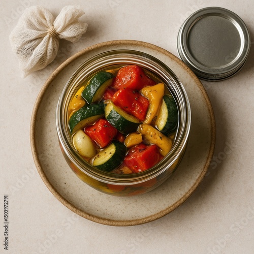 Colorful pickled vegetables in a jar on ceramic plate - zucchini, bell peppers, garlic