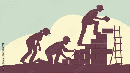 Construction workers building brick wall silhouette construction industry site teamwork