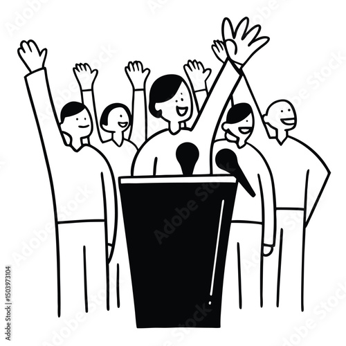 Enthusiastic crowd listening to speaker at podium in black and white