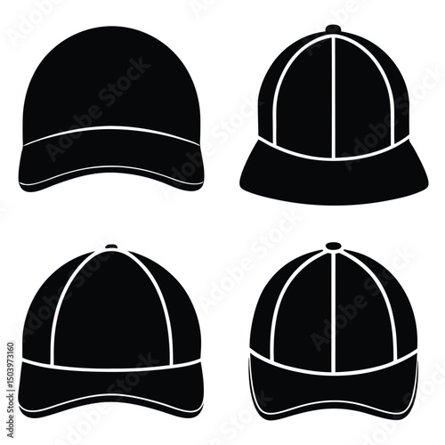 Four Black Baseball Caps with White Seams in Silhouette Style
