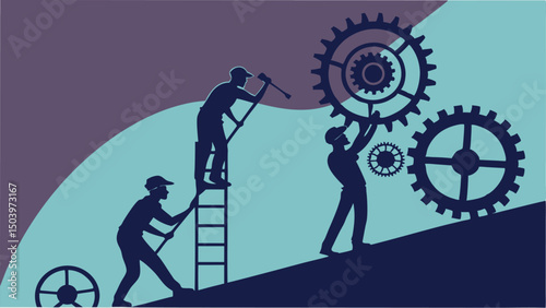 Illustration of workers installing gears on a hill in vector format