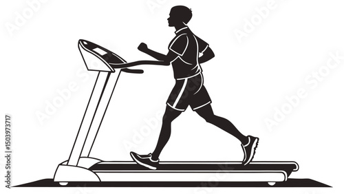 Monochrome silhouette of a man running on treadmill for fitness and health