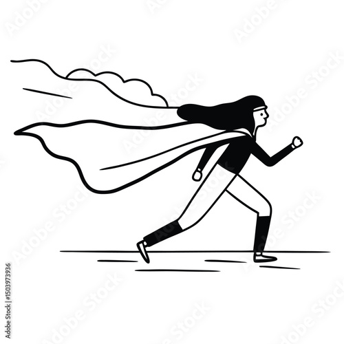 Powerful woman superhero running forward confidently with cape in line art style