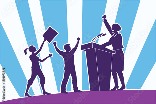 Public speech with supporters rallying for change silhouette style illustration