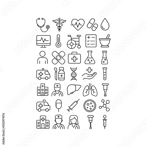Medical Iconography: A comprehensive array of meticulously crafted line icons, each a distinct symbol representing the essential elements of healthcare, medical science and treatment