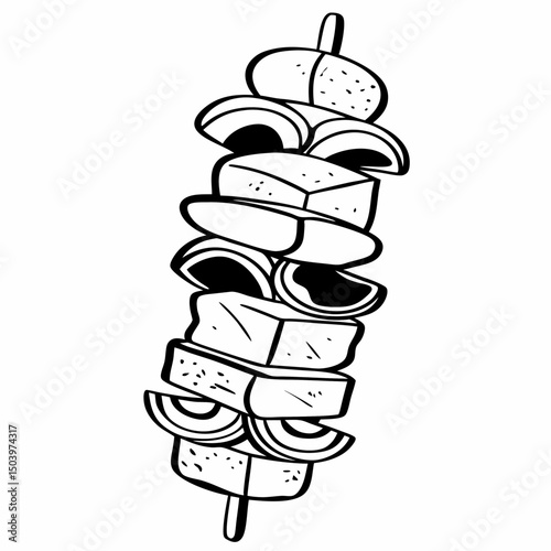 Kebab skewer icon with meat, pepper, onion in line