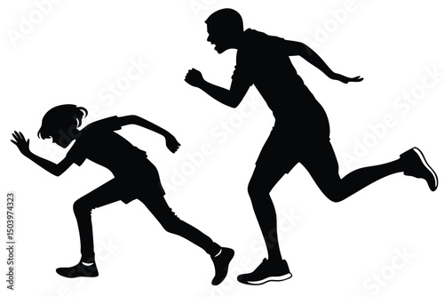 Silhouette illustration of running man and child demonstrating determination and athletic movement