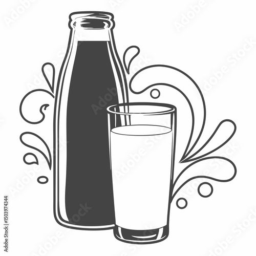 Bottle and glass milk icon with clean flowing lines