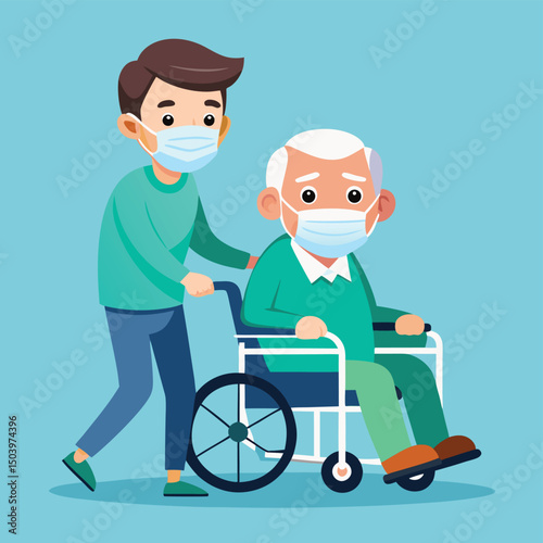 Medical worker assists an elderly man in a wheelchair wearing face masks for health and safety.