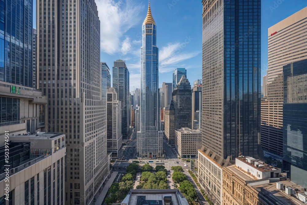 Obraz premium Stunning Street-Level Perspective of Tall Skyscrapers in Vibrant Financial District